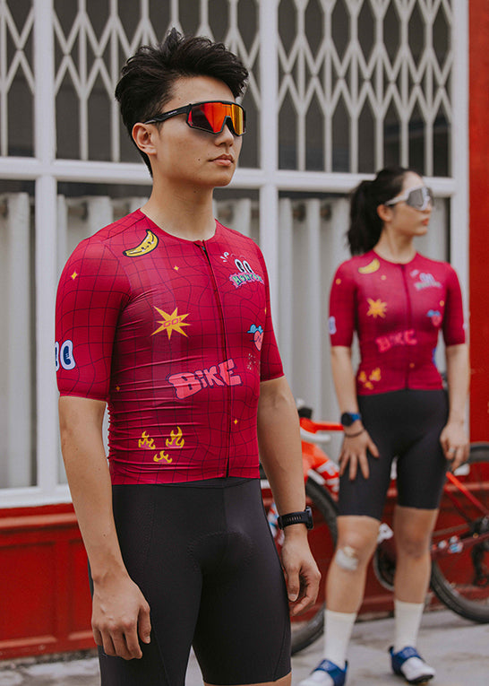Monton Urban FunRide Cycling Jersey featuring a lively, colorful pattern, shown in both men's and women's fits for road and gravel cyclists.