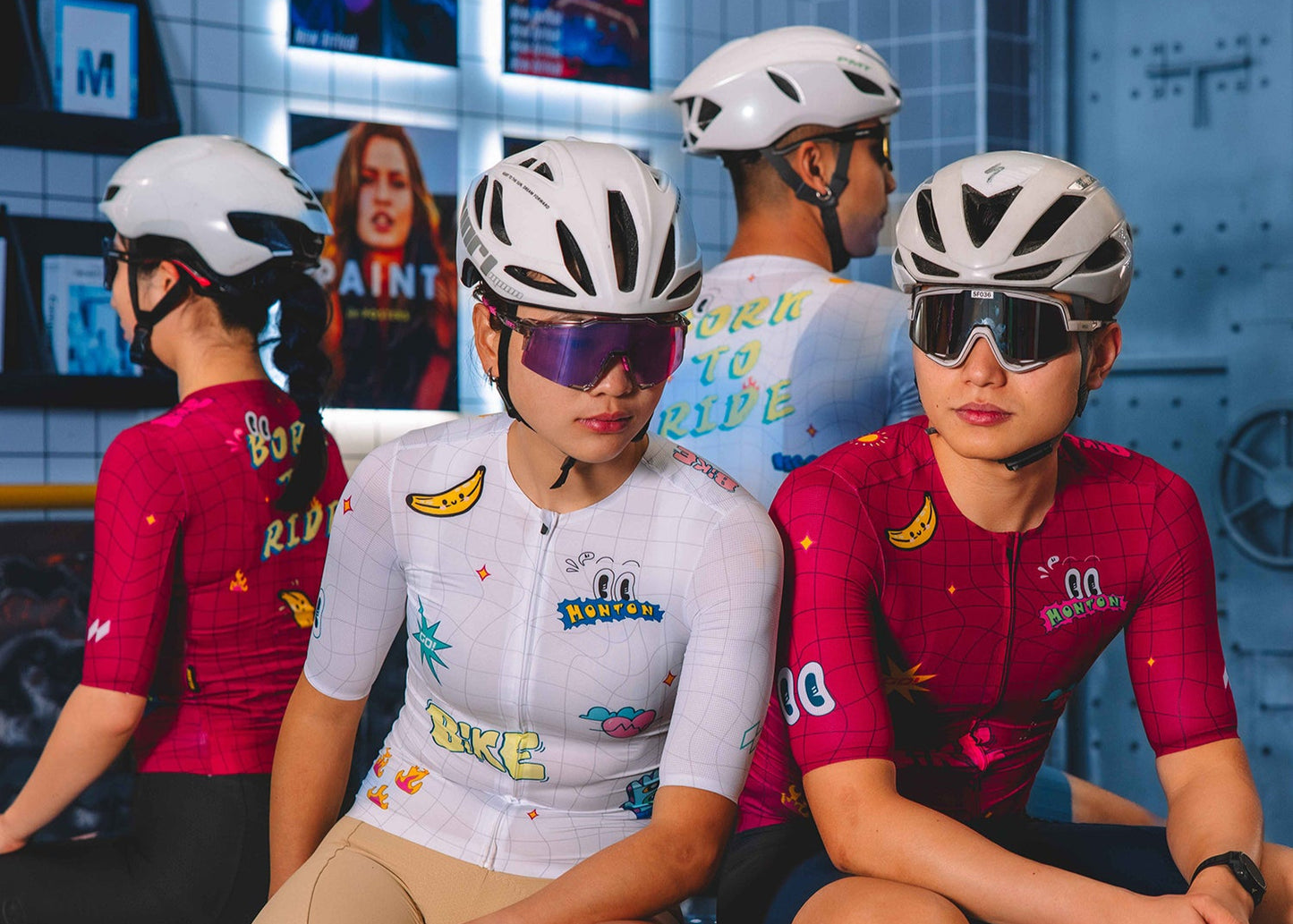 Monton Urban FunRide Cycling Jersey featuring a lively, colorful pattern, shown in both men's and women's fits for road and gravel cyclists.