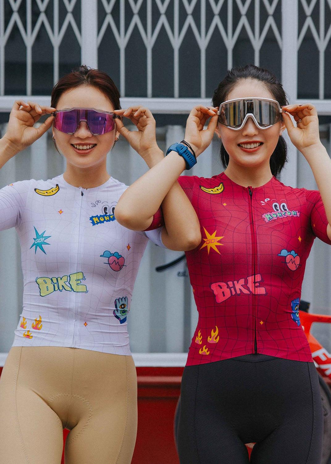 Monton Urban FunRide Cycling Jersey featuring a lively, colorful pattern, shown in both men's and women's fits for road and gravel cyclists.