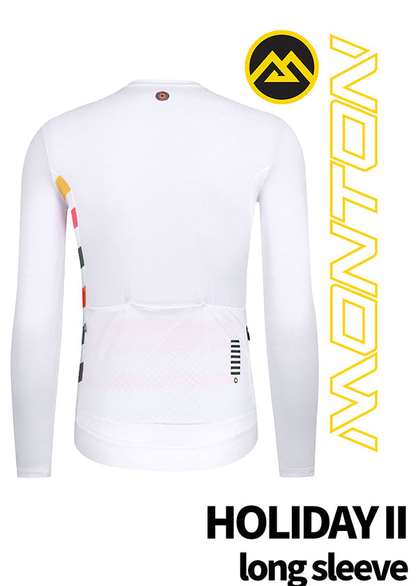 White long sleeve cycle jersey from Monton Vancouver with colorful graphics