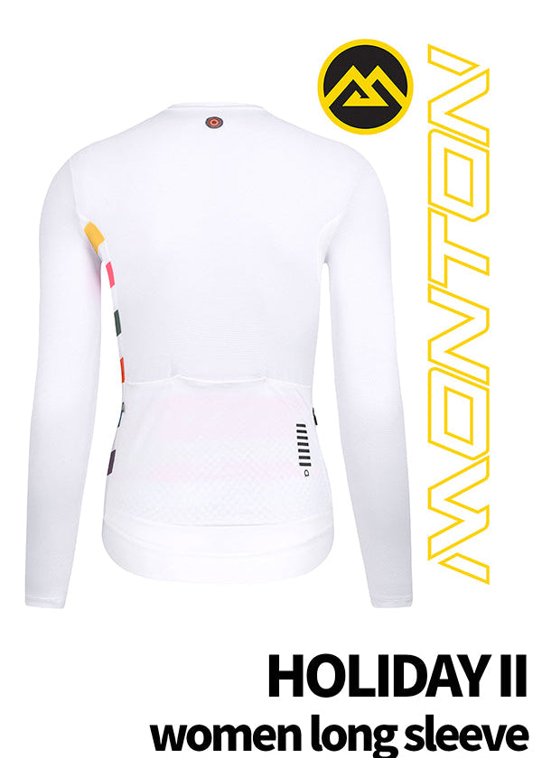 White long sleeve cycle jersey from Monton Vancouver with colorful graphics