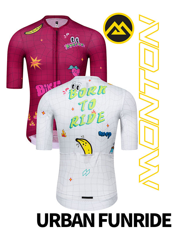 Monton Urban FunRide Cycling Jersey featuring a lively, colorful pattern, shown in both men's and women's fits for road and gravel cyclists.