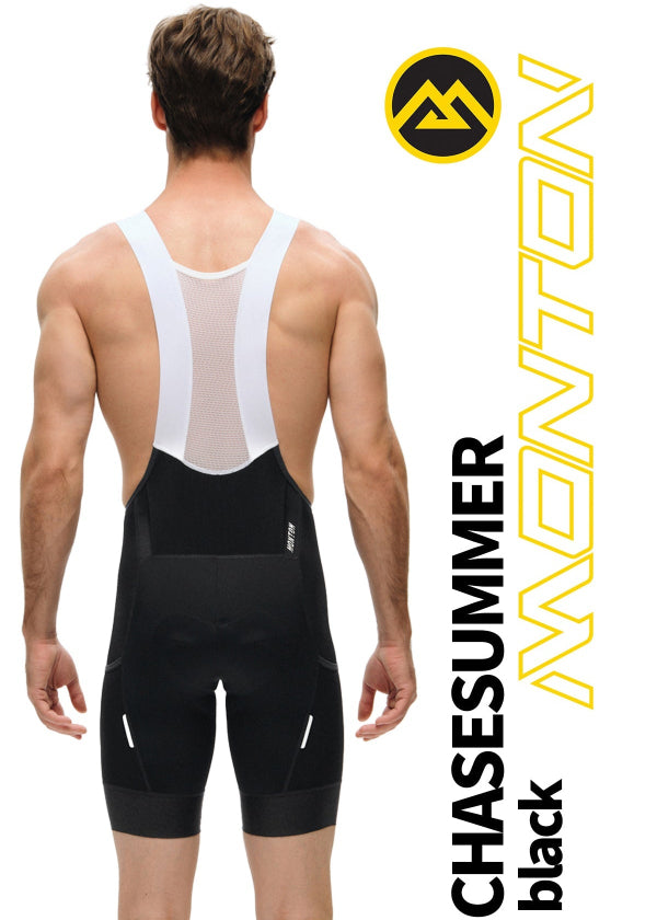 Back view of Monton Vancouver ChaseSummer Black men’s cycling cargo bib shorts with model, premium Italian fabric.