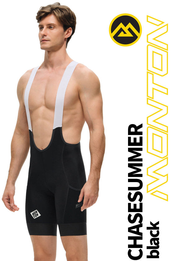 Front view of Monton Vancouver ChaseSummer Black men’s cycling cargo bib shorts with model, premium Italian fabric.