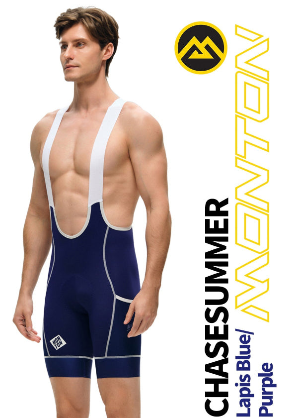 Front view of Monton Vancouver ChaseSummer Lapis Blue/Purple Men’s cycling cargo bib shorts with model, premium Italian fabric.