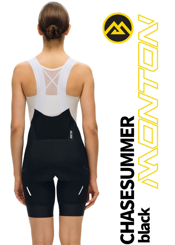 Back view of Monton Vancouver ChaseSummer Black Women’s cycling cargo bib shorts with model, premium Italian fabric.