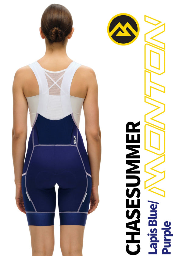 Back view of Monton Vancouver ChaseSummer Lapis Blue/Purple Women’s cycling cargo bib shorts with model, premium Italian fabric.