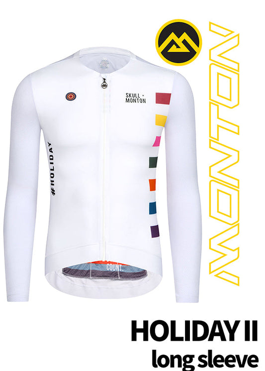 White long sleeve cycle jersey from Monton Vancouver with colorful graphics