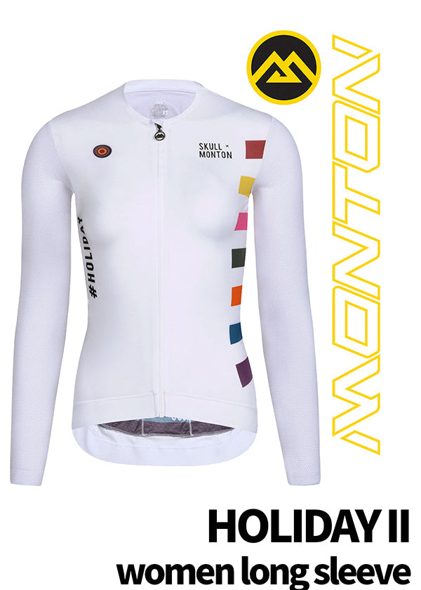 White long sleeve cycle jersey from Monton Vancouver with colorful graphics