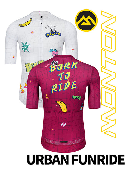 Monton Urban FunRide Cycling Jersey featuring a lively, colorful pattern, shown in both men's and women's fits for road and gravel cyclists.