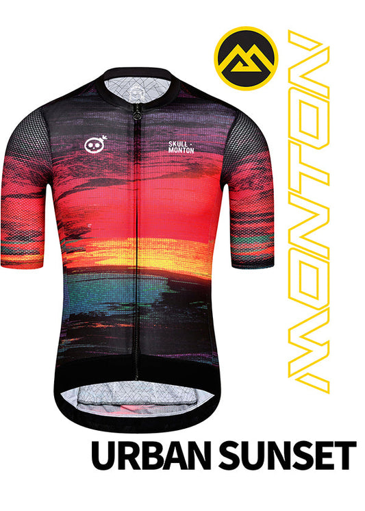 Monton URBAN Sunset Cycling Jersey with vibrant sunset-inspired colors, available in both men's and women's styles for stylish city cycling.
