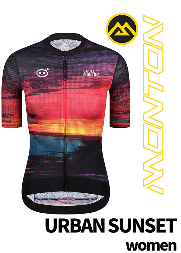Monton URBAN Sunset Cycling Jersey with vibrant sunset-inspired colors, available in both men's and women's styles for stylish city cycling.