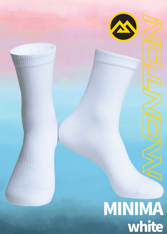 Monton Minima Cycle Socks in crisp white, moisture-wicking and comfortable for all rides.