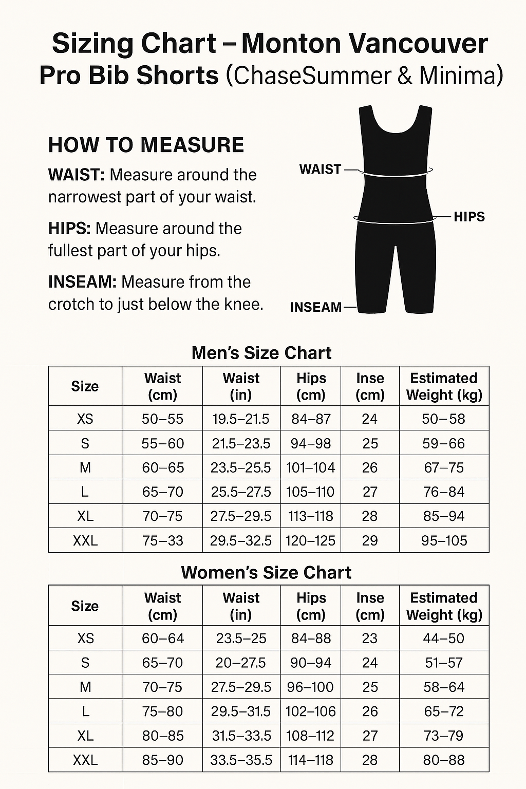 Detailed sizing guide for the Monton Vancouver bib Shorts