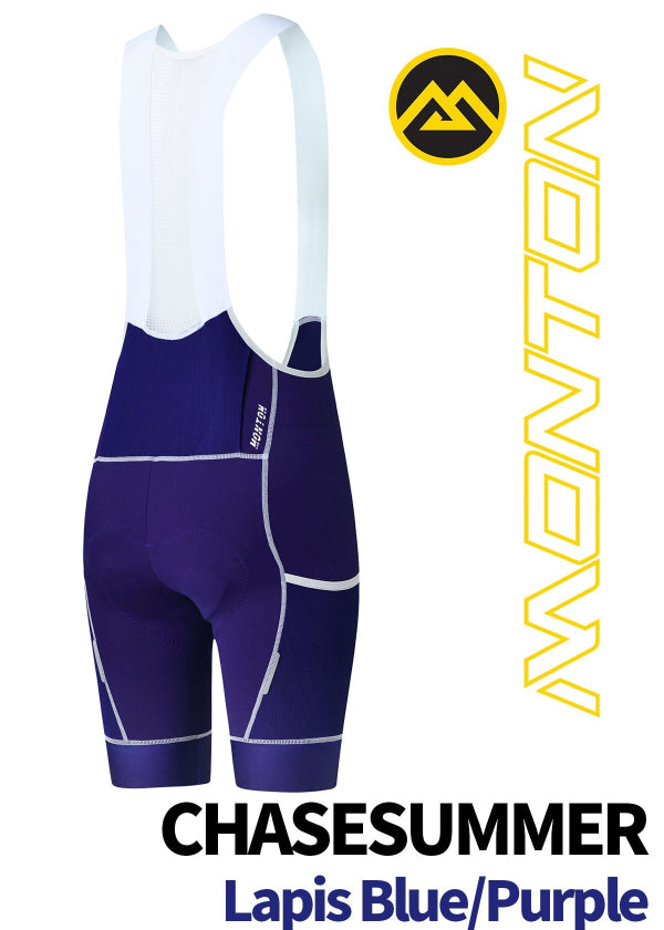 Back view of Monton Vancouver ChaseSummer Lapis Blue/Purple cycling cargo bib shorts, premium Italian fabric.