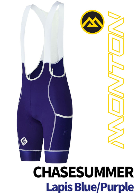 Front view of Monton Vancouver ChaseSummer Lapis Blue/Purple cycling cargo bib shorts, premium Italian fabric.