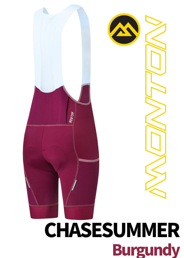 Back view of Monton Vancouver ChaseSummer Burgundy cycling cargo bib shorts, premium Italian fabric.