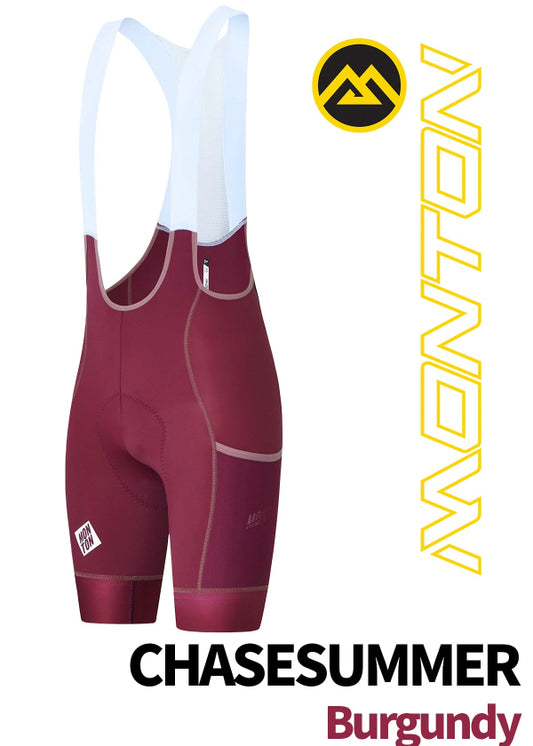 Front view of Monton Vancouver ChaseSummer Burgundy cycling cargo bib shorts, premium Italian fabric.