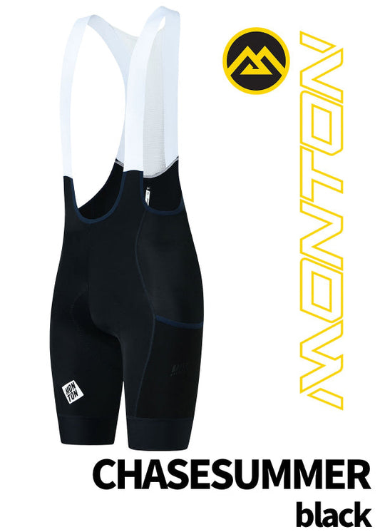 Front view of Monton Vancouver ChaseSummer Black men’s cycling cargo bib shorts, premium Italian fabric.