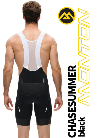 Back view of Monton Vancouver ChaseSummer Black men’s cycling cargo bib shorts with model, premium Italian fabric.