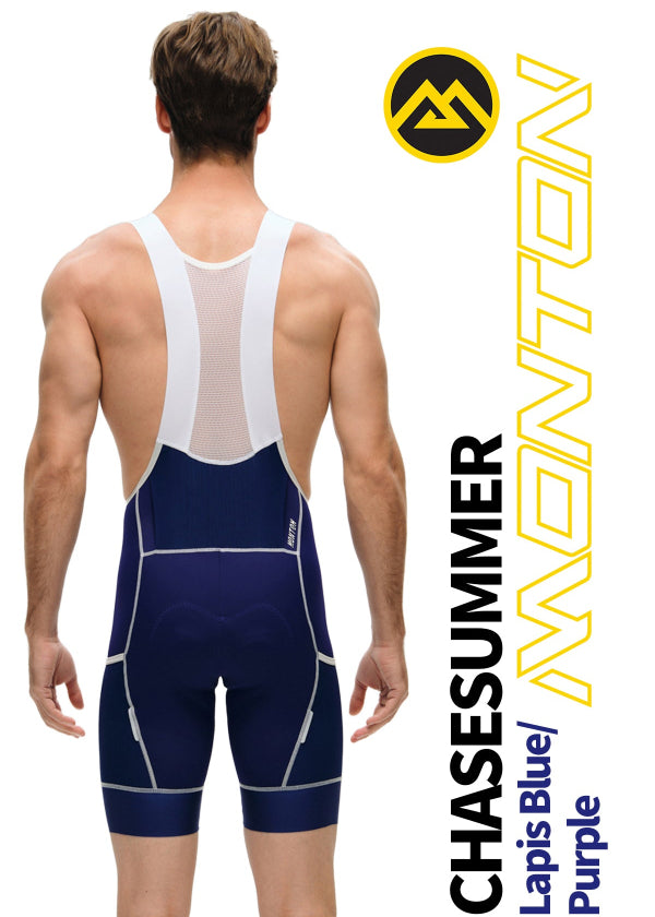 Back view of Monton Vancouver ChaseSummer Lapis Blue/Purple Men’s cycling cargo bib shorts with model, premium Italian fabric.