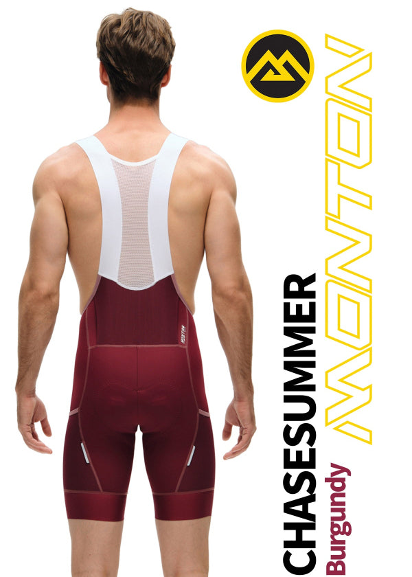 Back view of Monton Vancouver ChaseSummer Burgundy men cycling cargo bib shorts , premium Italian fabric.