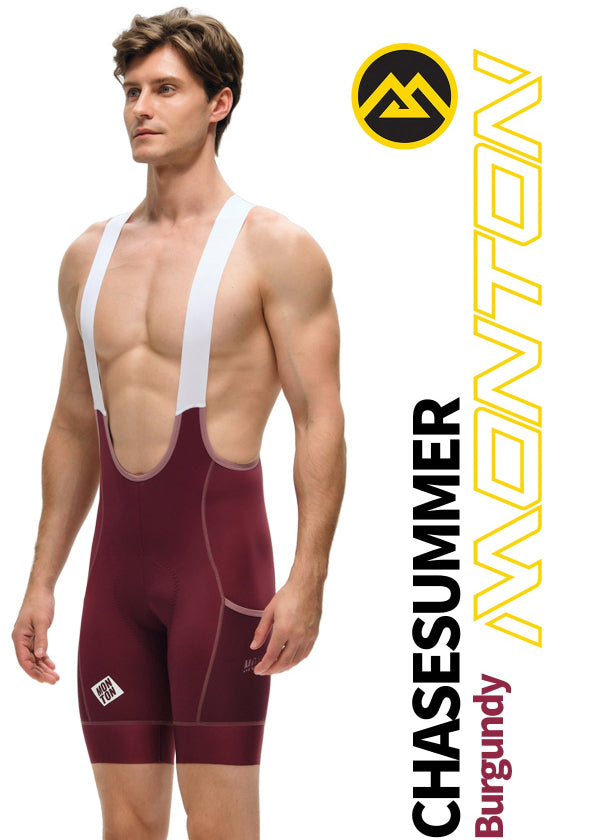 Front view of Monton Vancouver ChaseSummer Burgundy men cycling cargo bib shorts , premium Italian fabric.