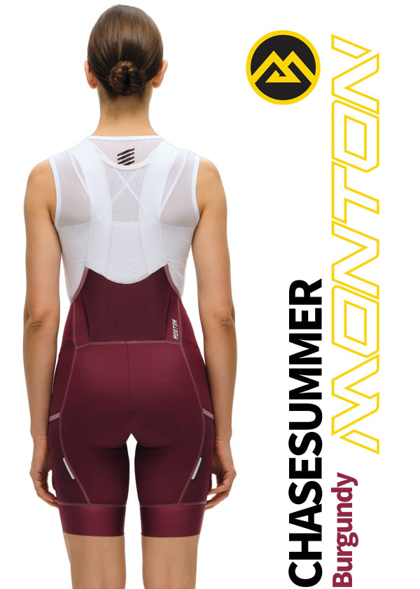 Back view of Monton Vancouver ChaseSummer Burgundy female cycling cargo bib shorts , premium Italian fabric.